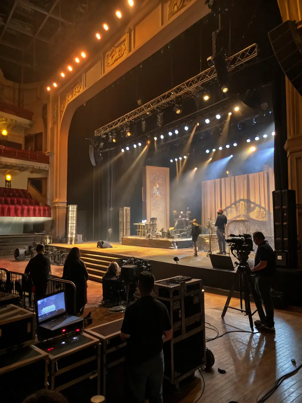 A photograph capturing the behind-the-scenes setup of a theatrical production, showcasing the technical equipment, stage crew, and organizational efforts involved in Cultural Production Support provided by ASS PROLIXE.