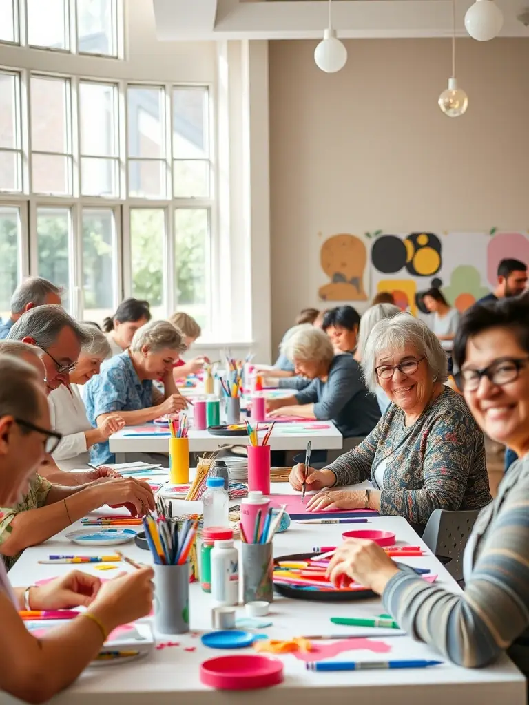 A vibrant photograph capturing a community workshop led by ASS PROLIXE, showcasing participants actively engaged in a collaborative art project, with diverse age groups and backgrounds represented.