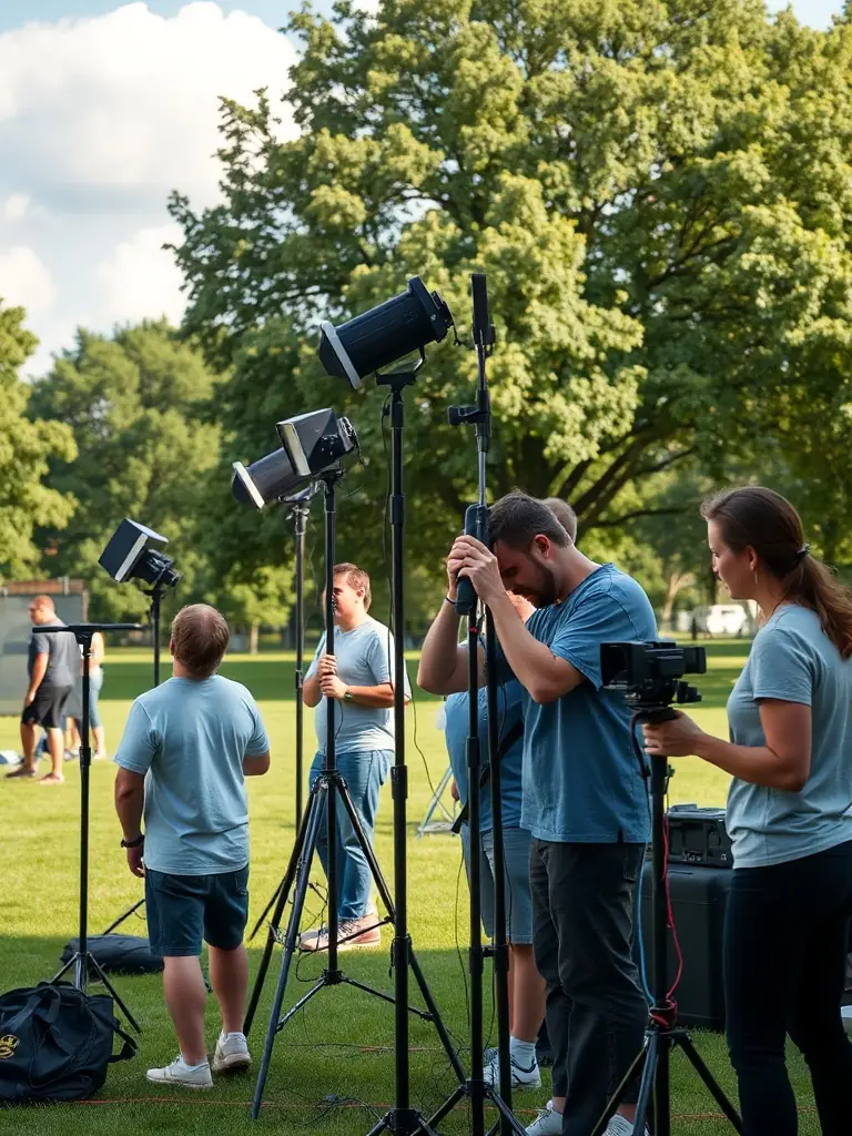 A photograph of ASS PROLIXE volunteers setting up equipment for an outdoor cultural event, demonstrating the organization's commitment to expanding public access to the arts.