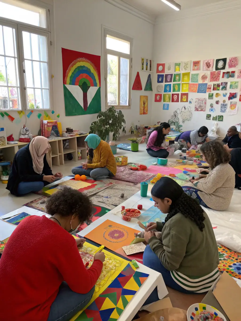 A photograph depicting a diverse group of community members participating in an interactive art workshop facilitated by ASS PROLIXE, highlighting the organization's Community Engagement Programs.